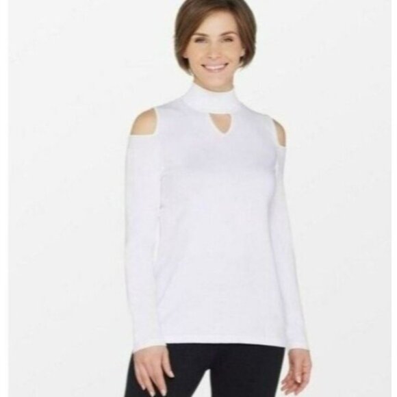Susan Graver Sweaters - Susan Graver Womens Sweater Medium White Cold Shoulder Mock Neck Cutout Pullover